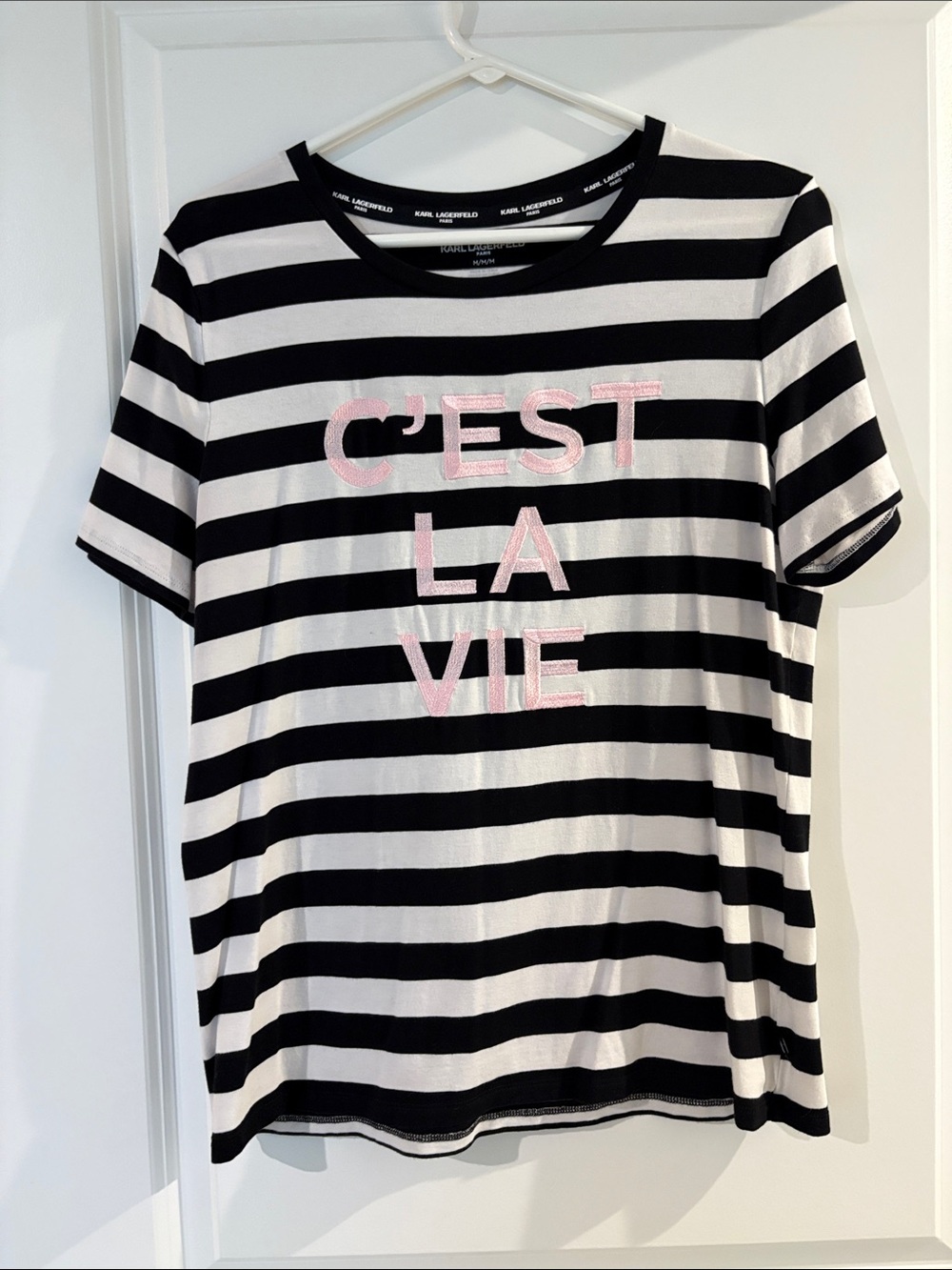 Karl Lagerfeld Black & White Striped "C'EST LA VIE" Short Sleeve Tee